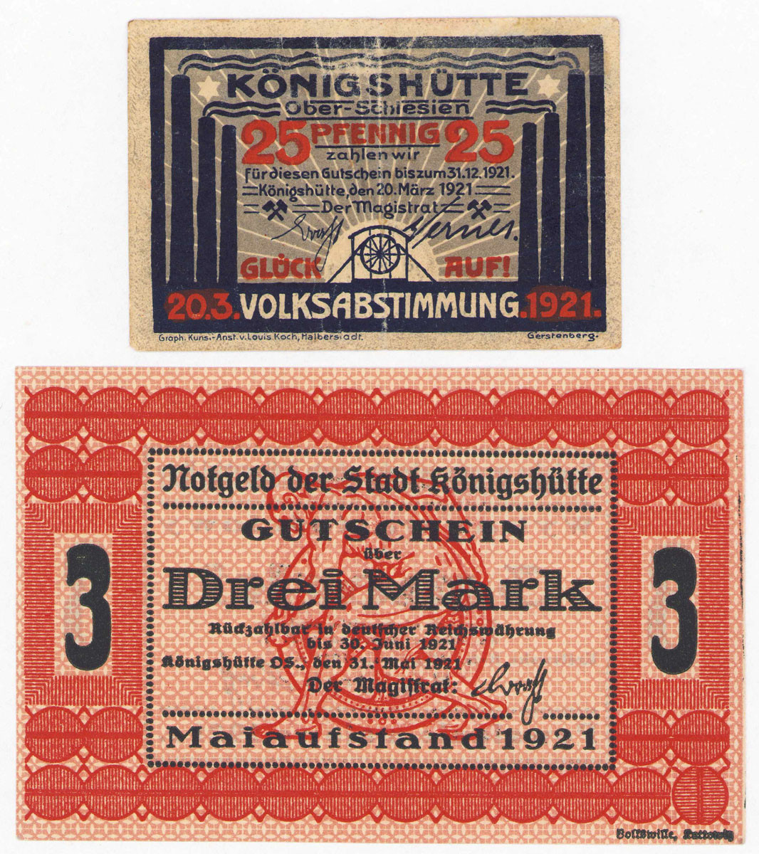 Królewska Huta (Chorzów). 25 fenigów +  3 marki, Powstanie majowe 1921 – 2 szt.